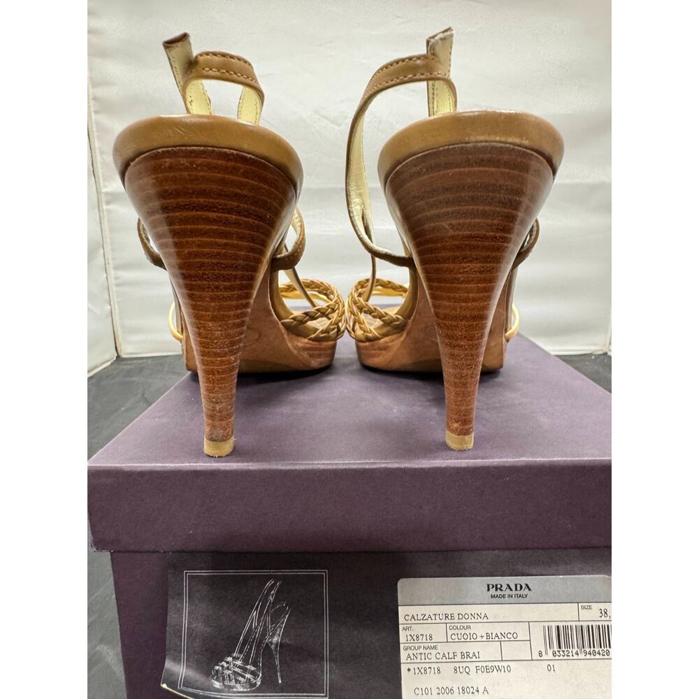 Prada 1X871R Antic Calf Slingback Heels Cuoio Bianco Tan White US 8.5 EU 38.5 - Picture 4 of 10